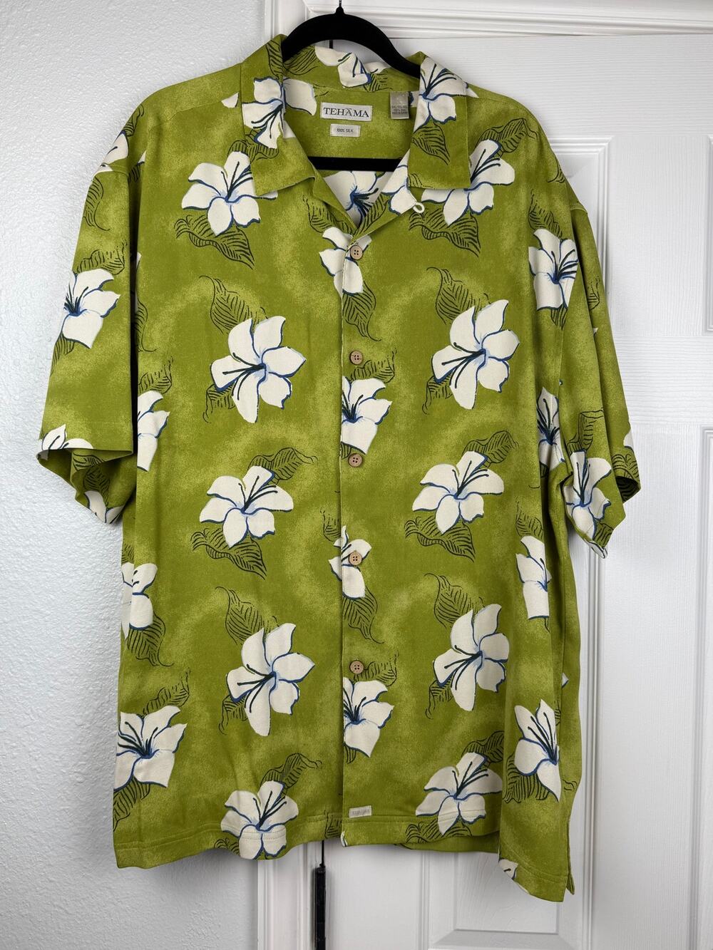 Tehama 100% Silk Hawaiian Shirt Men XXL Green Hibiscus Floral Short Sleeve